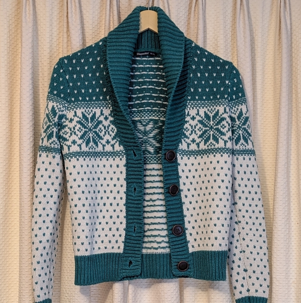 Bluenotes Nordic Shawl Collar Teal and Cream Patterned Cardigan - Women's Med